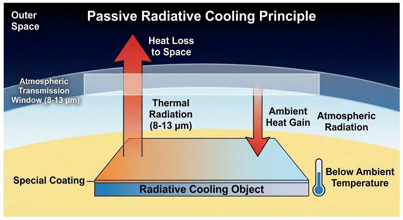 Schematic or photo: radiative cooling principle, sub-ambient coating, or daytime cooling application